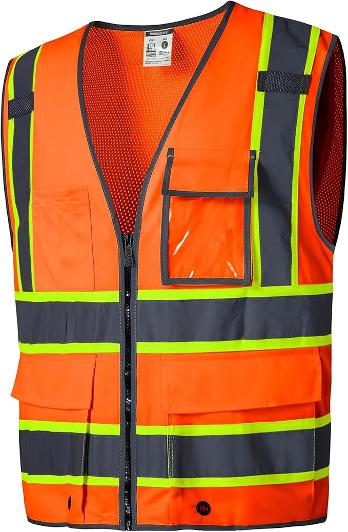 SKSAFETY 10 Pockets Safety Vest, Class 2 High Visibility Security with Zipper Back Mesh, Hi Vis Vest with Reflective Strips, ANSI/ISEA Standard, Construction Work Vest for Men ＆ Women （Orange, XL）