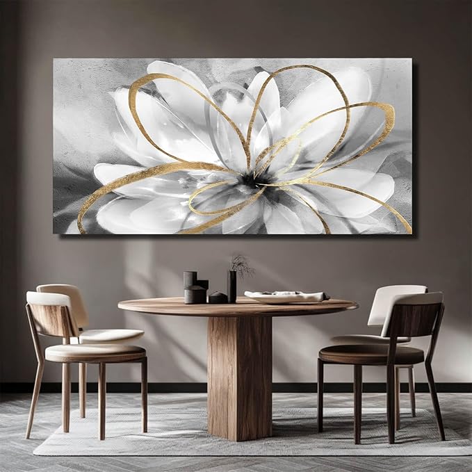 SOUGUAN Flower Wall Room Decor Gold Decoration White Flower Artwork for Living Room Office Dining Room 24x48 Inch