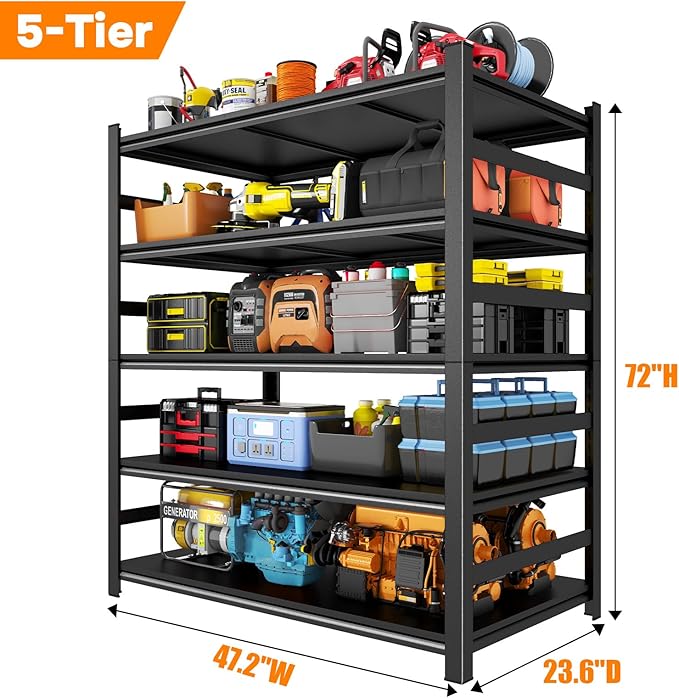 72" H x 48" W Metal Shelving Unit with 2 Fences, 5-Tier72 H x 48" W x24 D Heavy Duty Garage Storage Rack, Adjustable Industrial Shelves for Warehouse, Basement, Easy Assembly