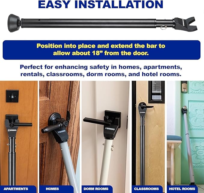 BRINKS Door Security Bar - Adjustable Brinks Door Security Bar for Travel, School, Dorm and Home - Door Jammer for Hinged Doors and Sliding Door Security – Black