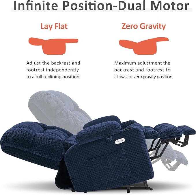 MCombo Dual Motor Power Lift Recliner Chair for Elderly, Lay Flat Lift Chair with Heat and Massage, Petite Lift Chair, Cup Holders, USB A&C Ports, Fabric 7893 (Small, Navy Blue)