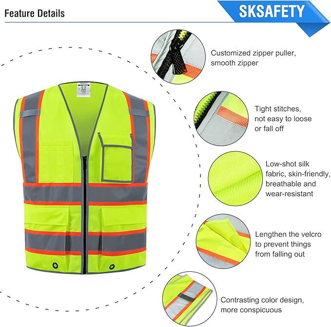 SKSAFETY 10 Pockets Safety Vest, Class 2 High Visibility Security with Zipper, Hi Vis Vest with Reflective Strips, ANSI/ISEA Standard, Construction Work Vest for Men ＆ Women （Lime, M）