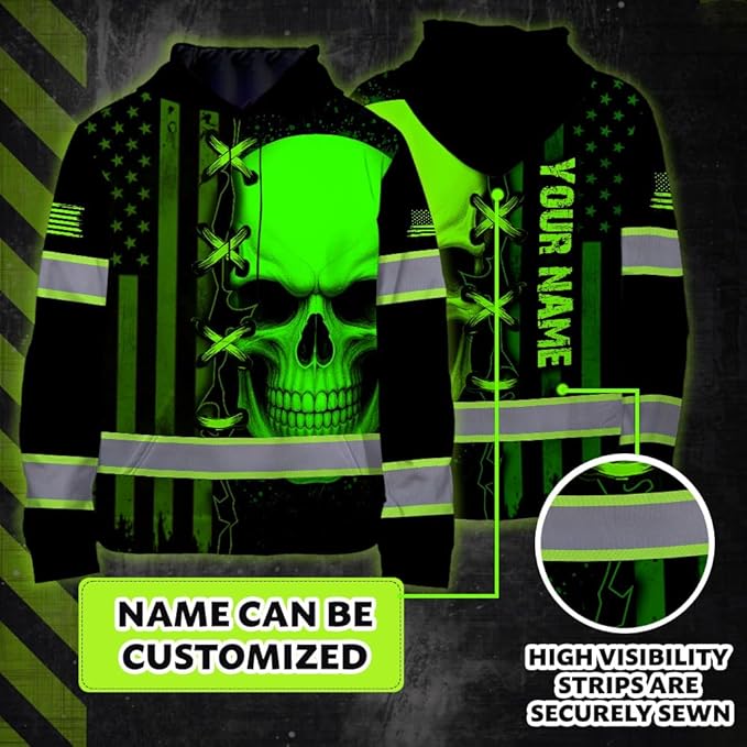 Matedecor Skull US Flag Reflective High Visibility Hoodie For Men Construction Hi Vis Safety Workwear Custom Name