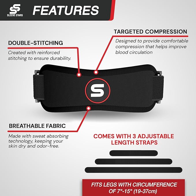 Sleeve Stars Swedish Brand Patellar Tendon Support Strap for Women & Men Effective Osgood Schlatter Knee Brace Youth & Kids Knee Brace with 3 Adjustable Length fits 7"-15" (Single/Black/Kids)