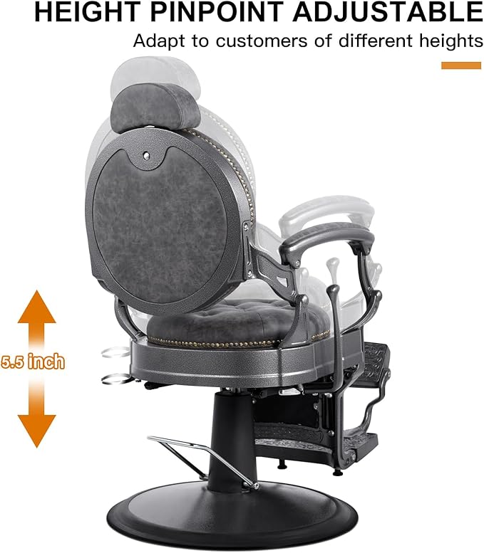Artist hand Retro Barber Chair Heavy Duty Barber Chairs Vintage Salon Chair Hydraulic Recline Beauty Spa Styling Equipment Rounded Cushioning with Puckered Button (Grey)