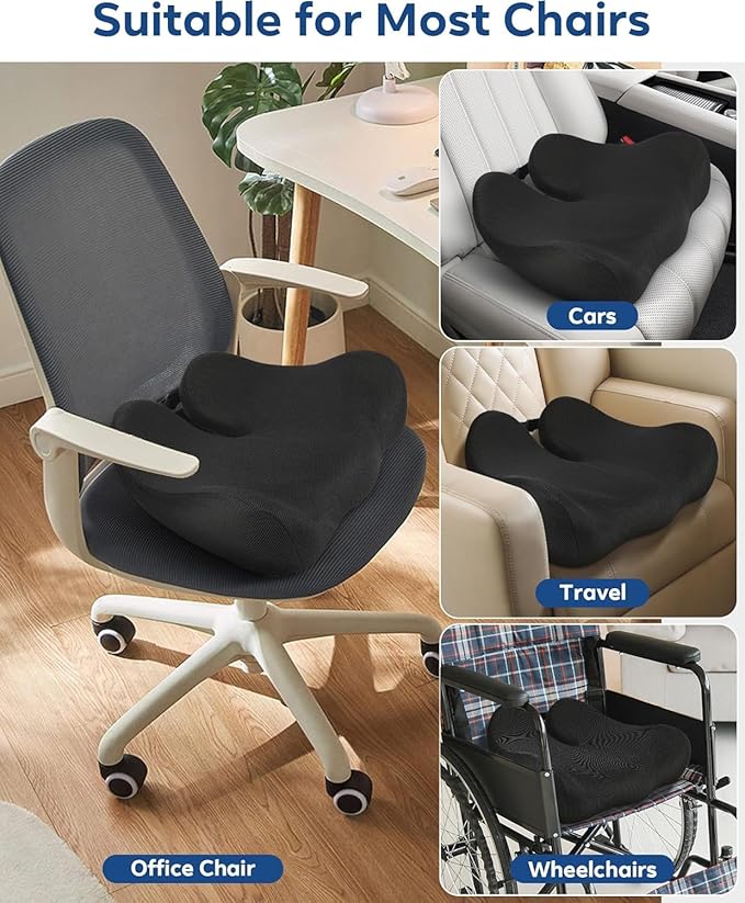 Feagar Office Chair Cushion for Sciatica & Tailbone Pain Relief – Extra Thick Memory Foam Seat Cushion for Long Sitting, Desk Chair & Wheelchair, Non-Slip Bottom