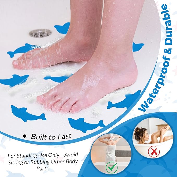 S&X Bathtub Non Slip Stickers,Grippy Dolphin Adhesive Treads – Fine Gritty Textured Surface – Pack of 12 Shower Floor Non Slip Stickers – Comfortable Grip On Slipper Surfaces