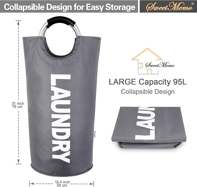 Large Laundry Basket Collapsible，Freestanding Clothes Hamper Bag with Handles – Tall Folding Dirty Laundry Bin，Sturdy Laundry Sorter for College Dorm，Laundry Room – 95L (Dark Grey)