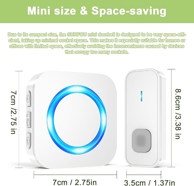 SURFOU Doorbell Waterproof Wireless Doorbell Easy Install at 1,300ft Long Range Loud Enough with 55 Chimes 5 Volume Levels LED Flash Door Bell for Home Classroom Apartment,2 Push Buttons 3 Receivers