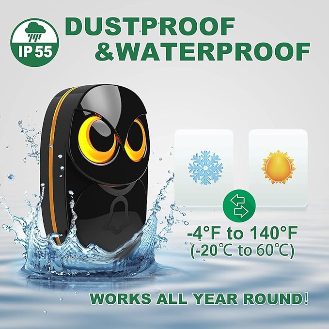 Wireless Doorbell, Cute Owl Doorbell Weatherproof IP55 Outdoor Remote Push Button- 1000 feet Long Wireless Range- 35 Classic Melodies Optional, 5 Volume Levels & LED Flash-1 Receiver+2 Transmitters
