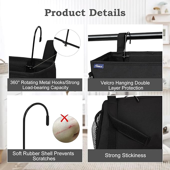Surblue Bedside Organizer with Hook Bedside Caddy Hanging Storage Bag with Adjustable Strap and Water Bottle Holder for Home College Dorm Bunk Bed Accessories, Crib Bed Rail, Hospital Bed, Black, 2PCS