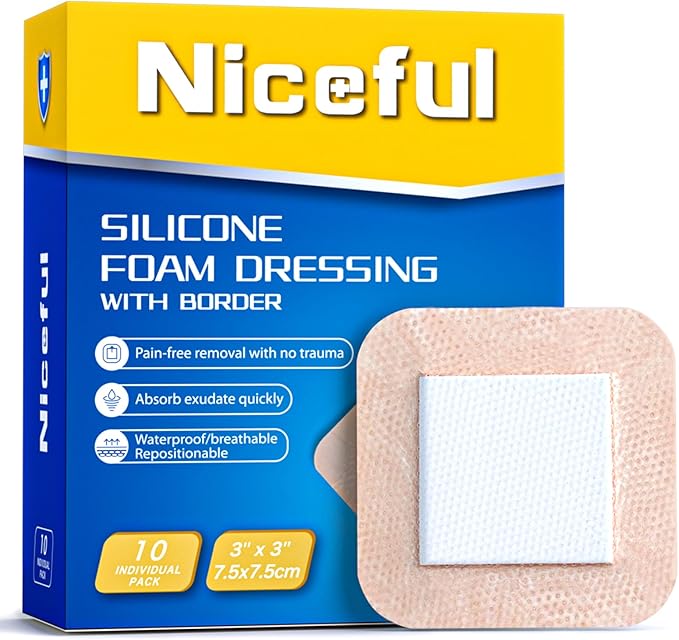 Silicone Foam Dressing 3 x 3 in (7.5x7.5 cm)- Ultra Soft Wound Dressing for Minor Surgical Incisions, Abrasions and Blisters, Waterproof Silicone Bandages for Sensitive Skin Wound Care(10 Pcs)