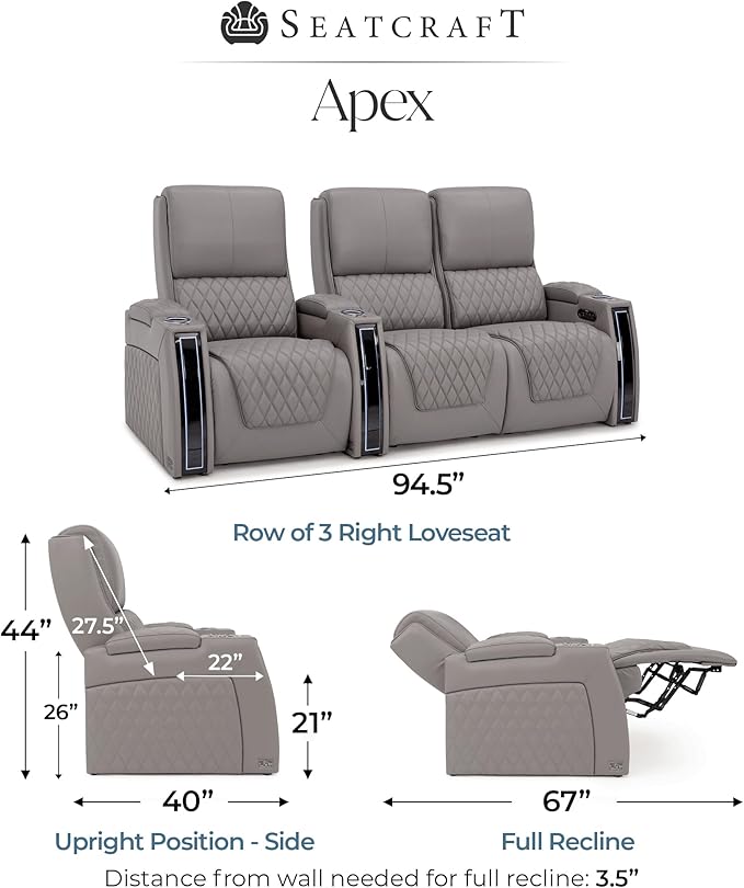 Seatcraft Apex Zero-Gravity CoolZero Italian Leather Home Theater Seating, Powered Headrest, Powered Lumbar, Powered Recline, Row of 3 Right Loveseat, Gray