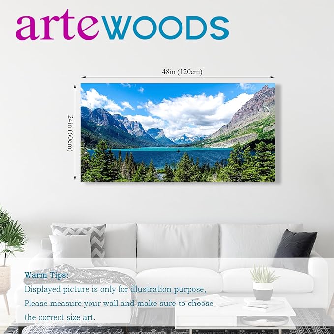 Landscape Saint Mary Lake Canvas Wall Art for Living Room Wall Decor Glacier National Park Canvas Pictures Blue Sky Mountain Forest Nature Scene Painting Artwork Home Office Decorations 24" x 48"
