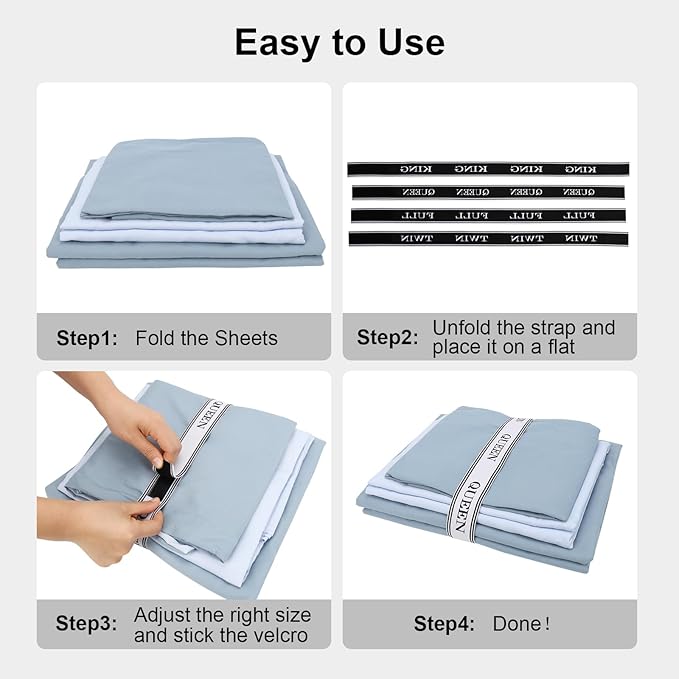 Bed Sheet Organizer Bands with Hook and Loop Adjustable Sheet Organizers and Storage Label Bands for Linen Closet-Elastic Bedding Sheet Keeper Straps for Bedsheet Sets (Twin 4PCs)