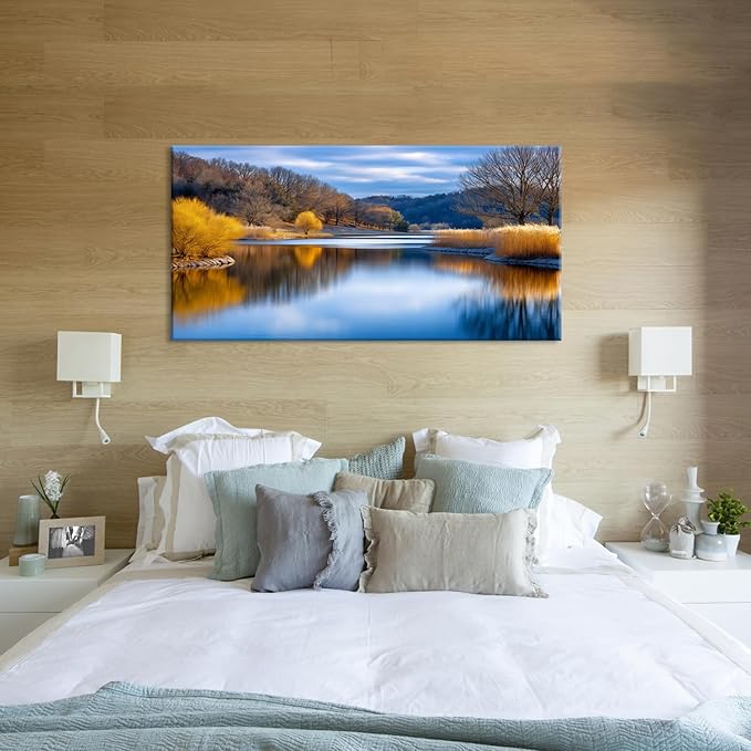 Beautiful Yellow Forest Park Wall Art for Living Room Office Calm Lake Blue Painting Prints Nature Autumn Canvas Artwork Over The Couch Bedroom Decor Extra Large