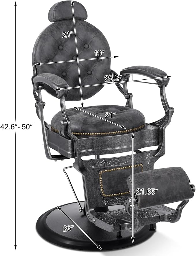 Artist hand Retro Barber Chair Heavy Duty Barber Chairs Vintage Salon Chair Hydraulic Recline Beauty Spa Styling Equipment Rounded Cushioning with Puckered Button (Grey)