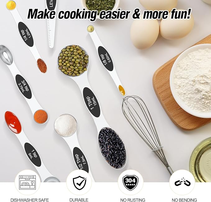 Magnetic Measuring Spoons Set, Stainless Steel, Stackable, Dual-Sided, 8 Pieces, Dry and Liquid Ingredients
