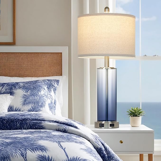 26 Inch Blue Glass Lamp Single, 3-Way Dimmable Touch Control Coastal Bedroom Table Lamp with USB C+A Ports & AC Outlet, Bed Side Lamps for Nightstand, Living Room Lamps for Side Table Office