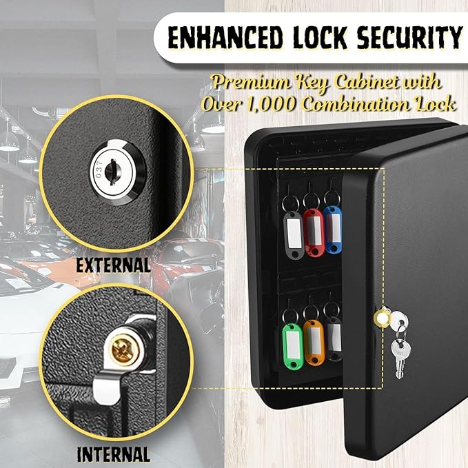 Flexzion Key Cabinet Key Lock Box Wall Mount with 60 Key Holder Organizer Locker Case, Colored Key Tags & Hooks Wall Mounted Lock Box for Keys Storage, Homes, Property, Hotels, Business (Black)