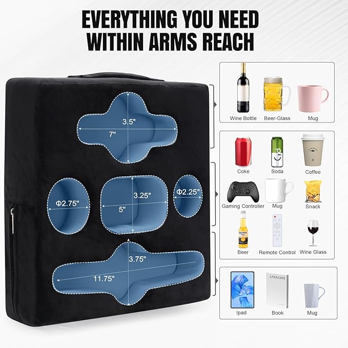 STBoo Couch Cup Holder Pillow Tray - Sofa Drink Cup Holder Cozy Buddy | Bed Caddy Organizer for Remote, Snacks Beverage, Phones, Tablet | Use it on Car, Pack, Beach, RV, Boat, Bedroom (Black)