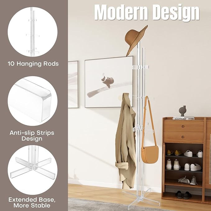 Acrylic Coat Rack with 10 Hooks Freestanding Modern Coat Hanger Stand with Anti-slip Strips Hall Tree for Clothes Handbags Hats Scarves in Entryway Office Bedroom Hallway