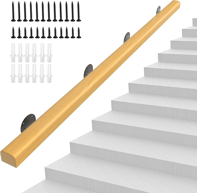 10FT Wooden Stair Handrails,Hand Railings for Stairs Indoor Outdoor Wall Mount Support Wood Handrails,Non-Slip Sturdy Staircase Handrail Safety Grab Bar Rod Complete Kit for Home,Lofts,Guardrail