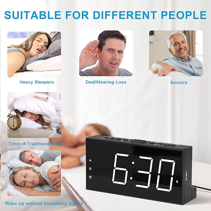 Extra Loud Dual Alarm Clock with Vibration for Bedroom,Extreme Bed Shaker Alarm Clock for Deep Sleeper Hard of Hearing Deaf,7" Clear LED Display,USB Port,Battery Backup,Easy to Set for Senior,Kids,DST