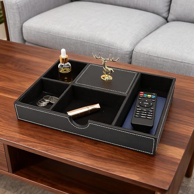 Jewelry Trays Nightstand Organizer, Valet Tray for Men and Women, Tray Organizer, Dressing table Storage box, Dark Brown Faux Leather, 5 Compartment