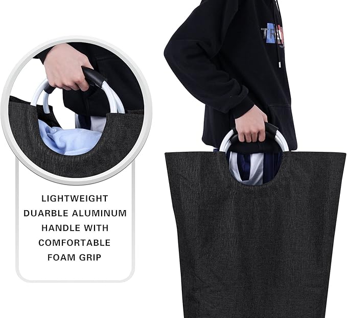Heavy Duty Laundry Hamper Bag Collapsible, Tall Laundry Basket with Sturdy Handles, Fabric Dirty Clothes Bin for Laundry, College Dorm, Boys, Man, Durable Two-Layer – 90L Black