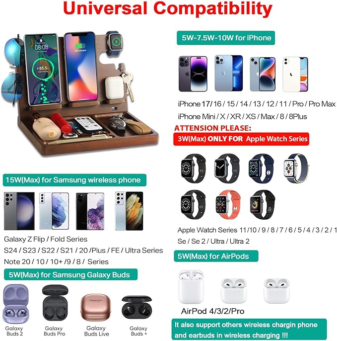 Wood Phone Docking Station Dual Phone Wireless Charging Station Organizer with 4 Wireless Charger Stand for iPhone Samsung iWatch AirPod Mens Nightstand Organizer Anniversary Birthday Gifts for Men