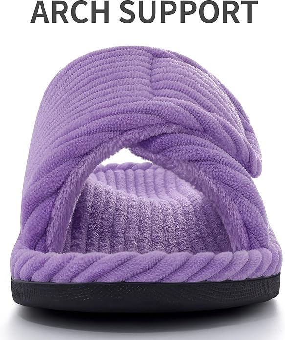 Litfun Orthopedic House Slippers for Women Adjustable Arch Support Indoor Slippers Open Toe Corduroy Bedroom Shoes