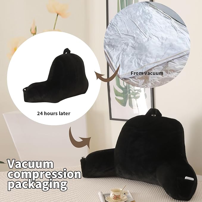 Reading Pillow for Sitting in Bed, Large Backrest Reading Pillow with Arm Rest,Back-Rest Support Cushion for Sit Up on Couch, Sofa, and Floor, Dorm Essentials (Black Faux Fur, Standard(17"))