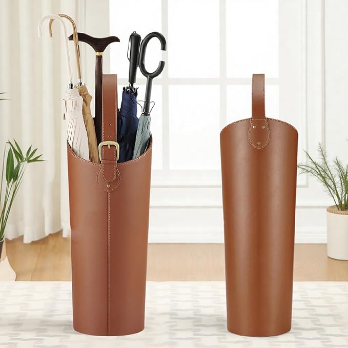 Indoor Entryway leather Umbrella bucket，Large Capacity Umbrella Storage stand，tall umbrella holder,For Hotel,Offices,home,Commercial(Brown)