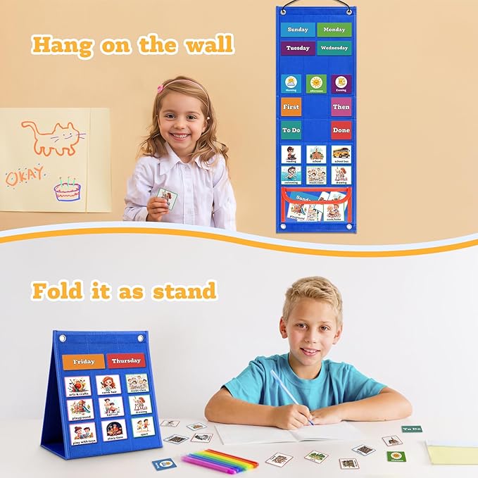 Visual Schedule for Kids Chore Chart，103 Daily Schedule Board Routine Pocket Chart Cards for Toddlers,Autism Learning Material Tool Wall Planner for Home School with 3 in 1 Cards Gift for Kids