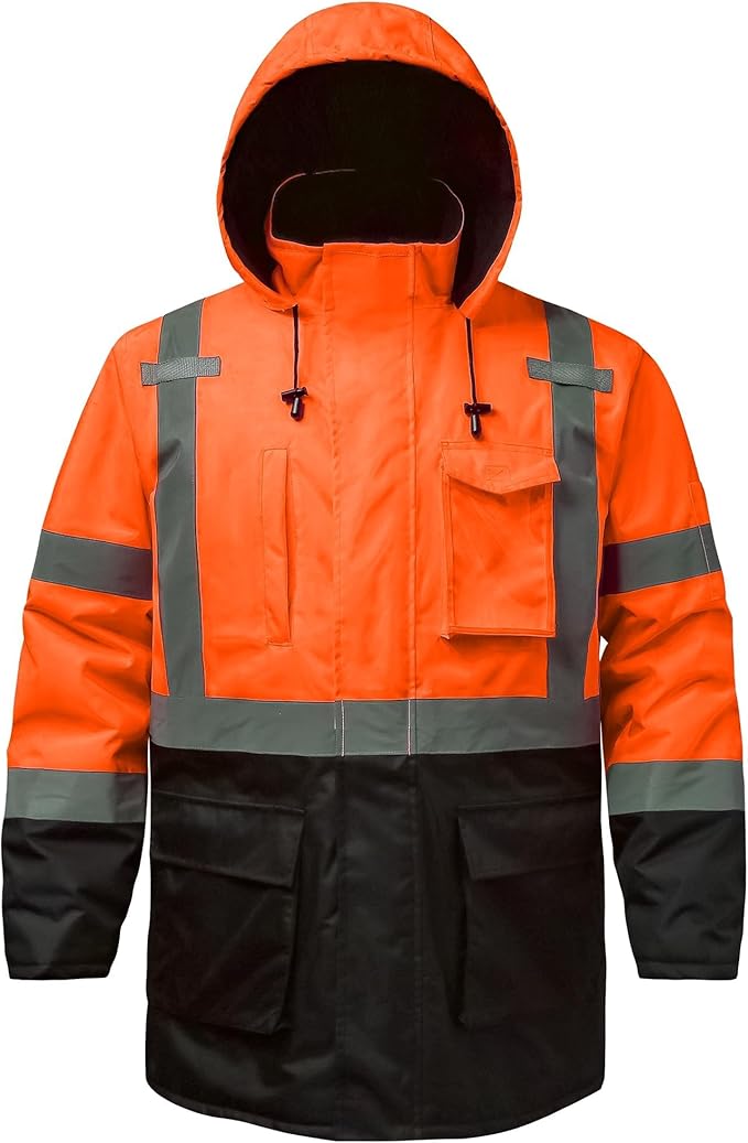 Reflective Jacket, High Visibility Parka, Waterproof Hi Vis, Safety Jacket with Removable Hood and Zipper, ANSI Class 3 (Orange,5XL)