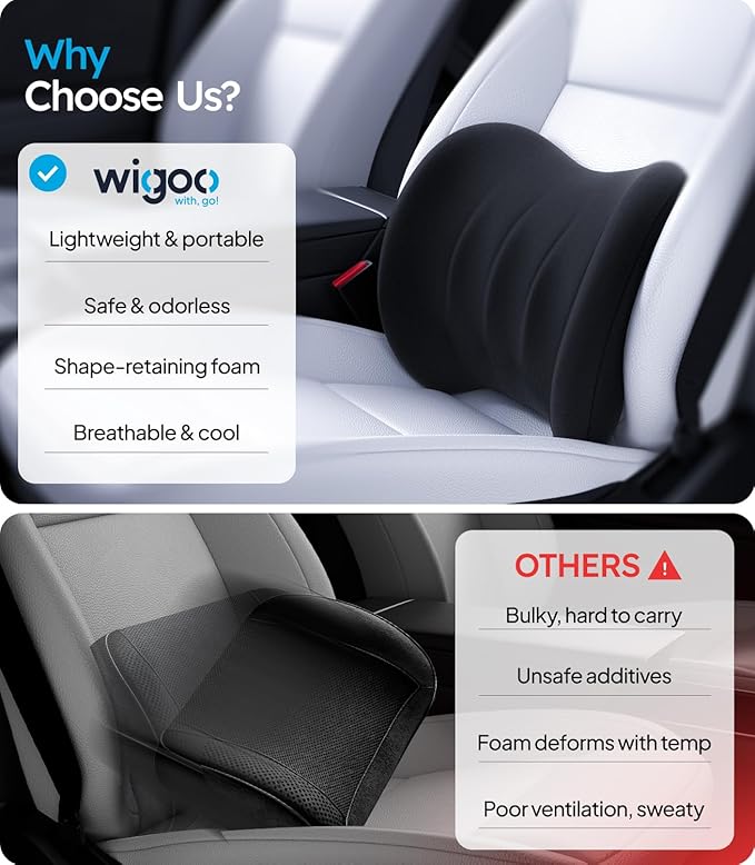 Wigoo 2025 Car Neck Pillow and Lumbar Support Pillow for Car Kit [Ergonomic Design, Pressure Relief] Soft Car Headrest Pillow Back Cushion with Adjustable Strap, Fits All Vehicles (Black)
