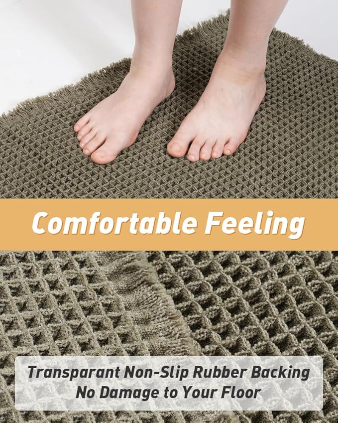 Upgraded Waffle Runner Rug, Super Absorbent Non Slip Bath Mats for Bathroom Floor, Machine Washable Bathroom Runner Rug with Tassels, Ideal for Hallway Bedroom Laundry Room, Dark Green, 17" x 48"