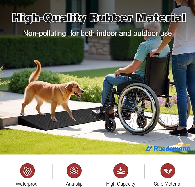 Ruedamann 1.6" Rise Threshold Ramp for Doorways, Sturdy Rubber Threshold Ramp, Non-Slip Power Door Ramps for Wheelchairs is Adjustable and Cuttable for Doorways,Curb, Scooters, Driveways