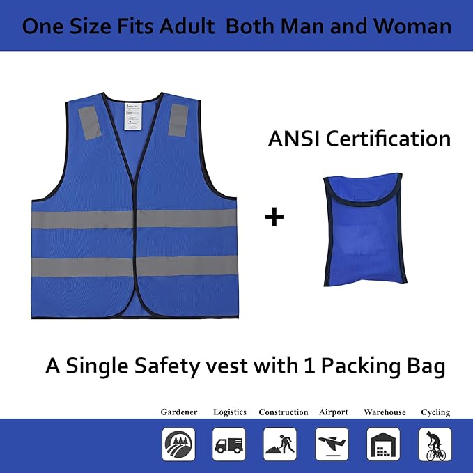 Blue Safety Vests 20 Pack - Reflective High Visibility Construction ANSI Class 2 Work Vests for Men,Woman,Hi Vis Mesh and Neon Silver Strip