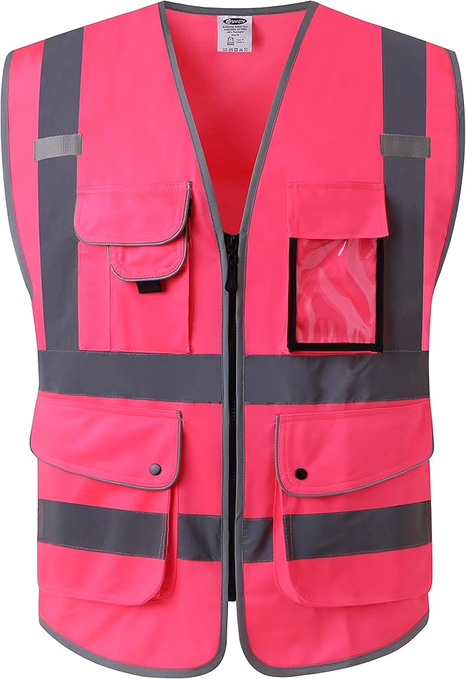 JKSafety 9 Pockets Class 2 High Visibility Zipper Front Safety Vest With Reflective Strips, Meets ANSI/ISEA Standards (Large, 150-Pink)