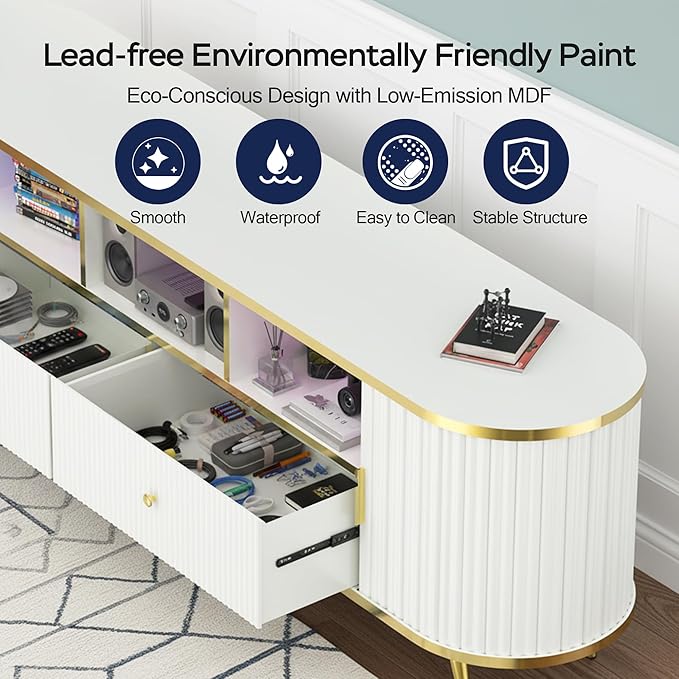 70 inch Fluted TV Stand, Luxury Modern TV Console & Media Entertainment Center for Living Room with Curved Profile, 2 Drawers, Storage Cabinet, and LED Lights, White, Holds TVs Up to 80"