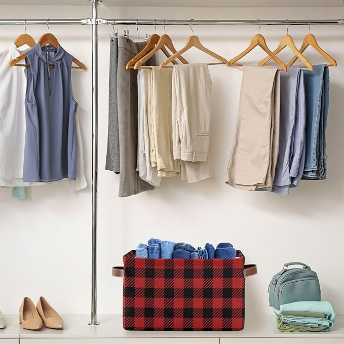 Red and Black Buffalo Plaid Storage Basket Cube Storage Bins Organizer Bag Collapsible Closet Shelf Baskets with handle for Cloth Book 14.2×10.2×8.3 IN