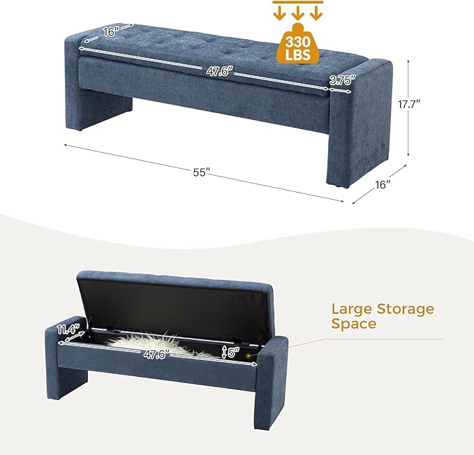 55" Modern Upholstered Storage Bench with Tufted Seat, Fabric Ottoman Bench for Bedroom, Entryway, or Living Room, Soft Close Hinge,Navy