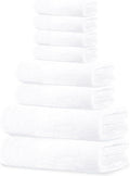 Tens Towels Pack of 8 Towels Set, 2 Extra Large Bath, 2 Hand, 4 Washcloths, 100% Cotton, Lighter Weight, Quicker to Dry, Super Absorbent, Perfect for Bathroom, White
