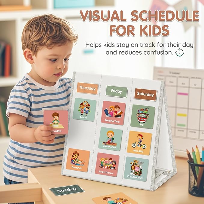 Godery Large Visual Schedule for Kids Chore Reward Chart,Bedtime Routine Chart for Toddlers,Double Side Schedule Board with 109 Cards for Home School Planner,Autism Learning Materials (White)