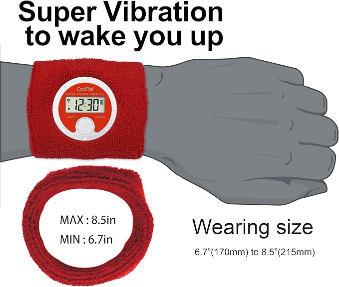 Coolfire - Vibrating Alarm Clock Sweatband, Silent Wake Yourself Up Wristband Vibrating Alarm Watch for Couples, Students, Easy to Set on User-Friendly App, Hearing Impaired, USB Chargeable (RED)