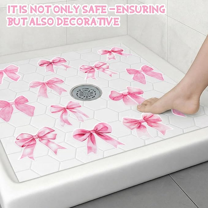 Marspark 30 Pcs Pink Bow Non Slip Bathtub Stickers Cute Bow Anti Slip Shower Stickers with Scraper Pink Bathroom Accessories Coquettish Preppy Girly Women Decor for Bathroom Bathtub