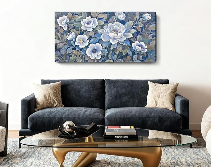 amatop Large Wall Art Abstract Floral Canvas Wall Decor Blue White And Gray Picture Natural Botanical Artwork For Living Room Bedroom Office Dining Room Hallway 48X24