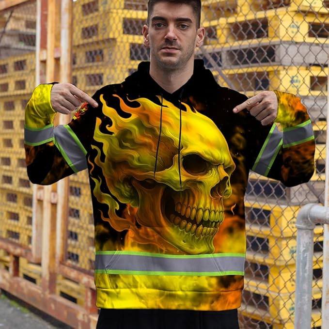 Matedecor Skull US Flag Reflective High Visibility Hoodie For Men Construction Hi Vis Safety Workwear Custom Name